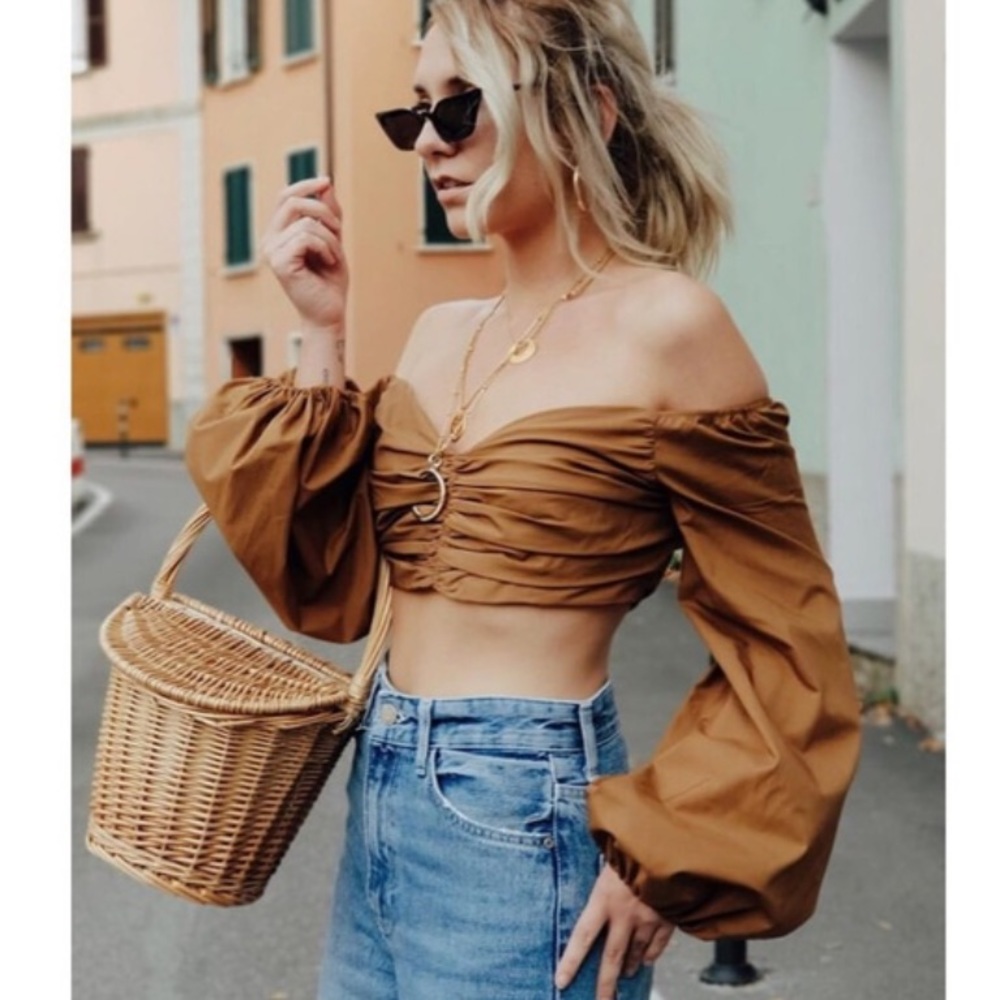 NWT NEW ZARA CROP TOP LONG BALLON PUFF SLEEVE PLEATED BLOUSE SIZE L